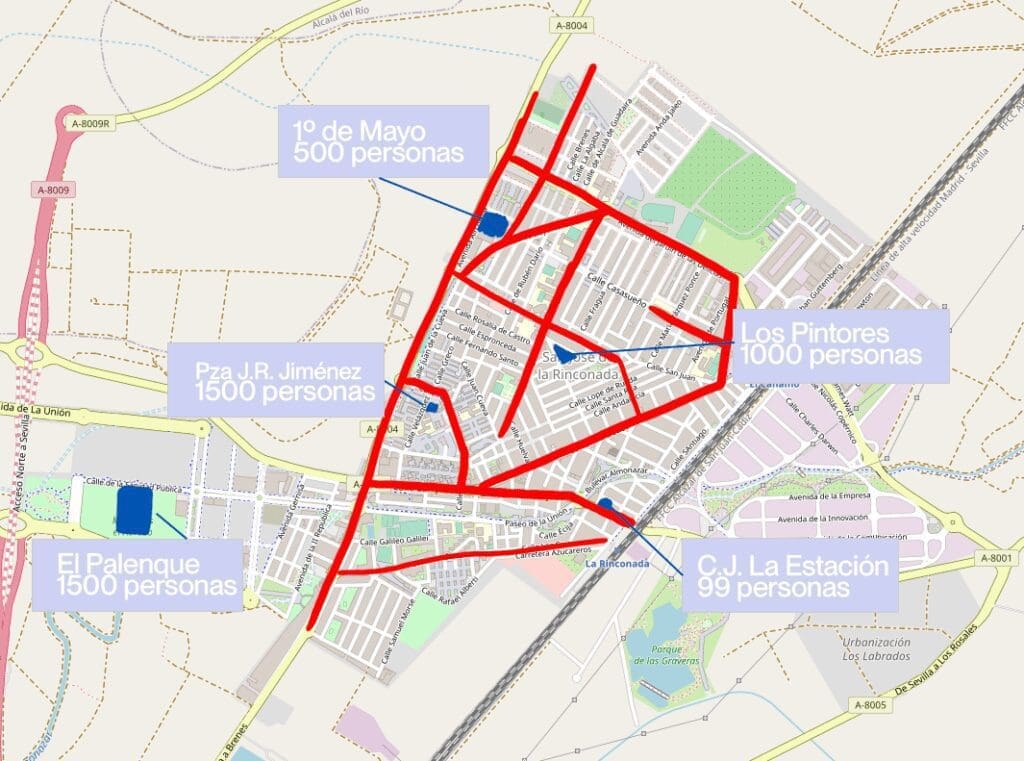 Mapa del núcleo de San José con las calles y espacios disponibles