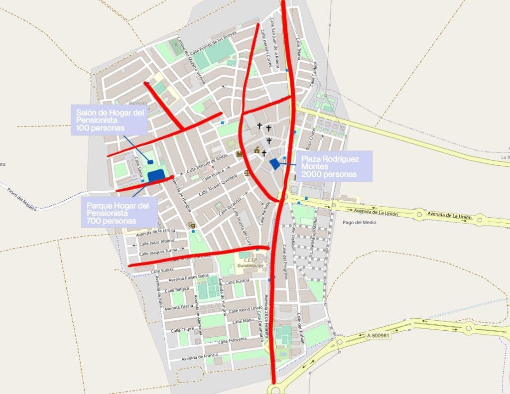 Mapa de La Rinconada (núcleo Rinconada) con las calles disponibles y espacios electorales