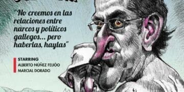 Portada del satírico «El Jueves», referenciando la famosa fotografía de Feijóo con el narcotraficante Marcial Dorado, dibujada por Pepe Farruqo // El Jueves